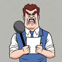 Generate an image of an angry reporter