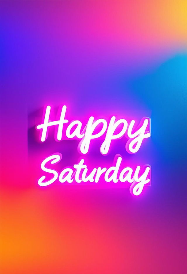 Design a book cover with neon text title 'Happy Saturday' on a randomized aesthetic background.