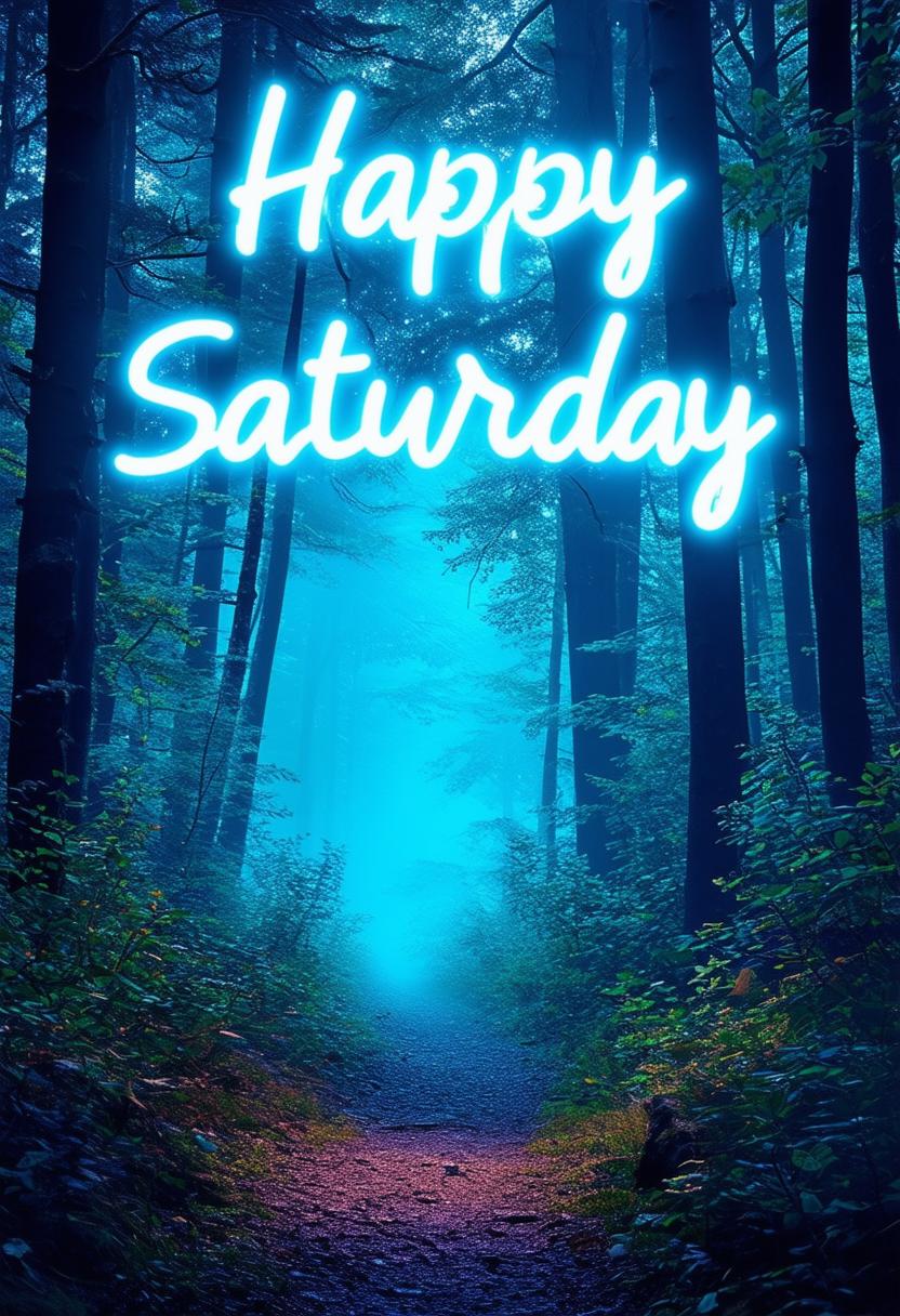 Design a book cover with neon text title 'Happy Saturday' on a beautiful forest background.