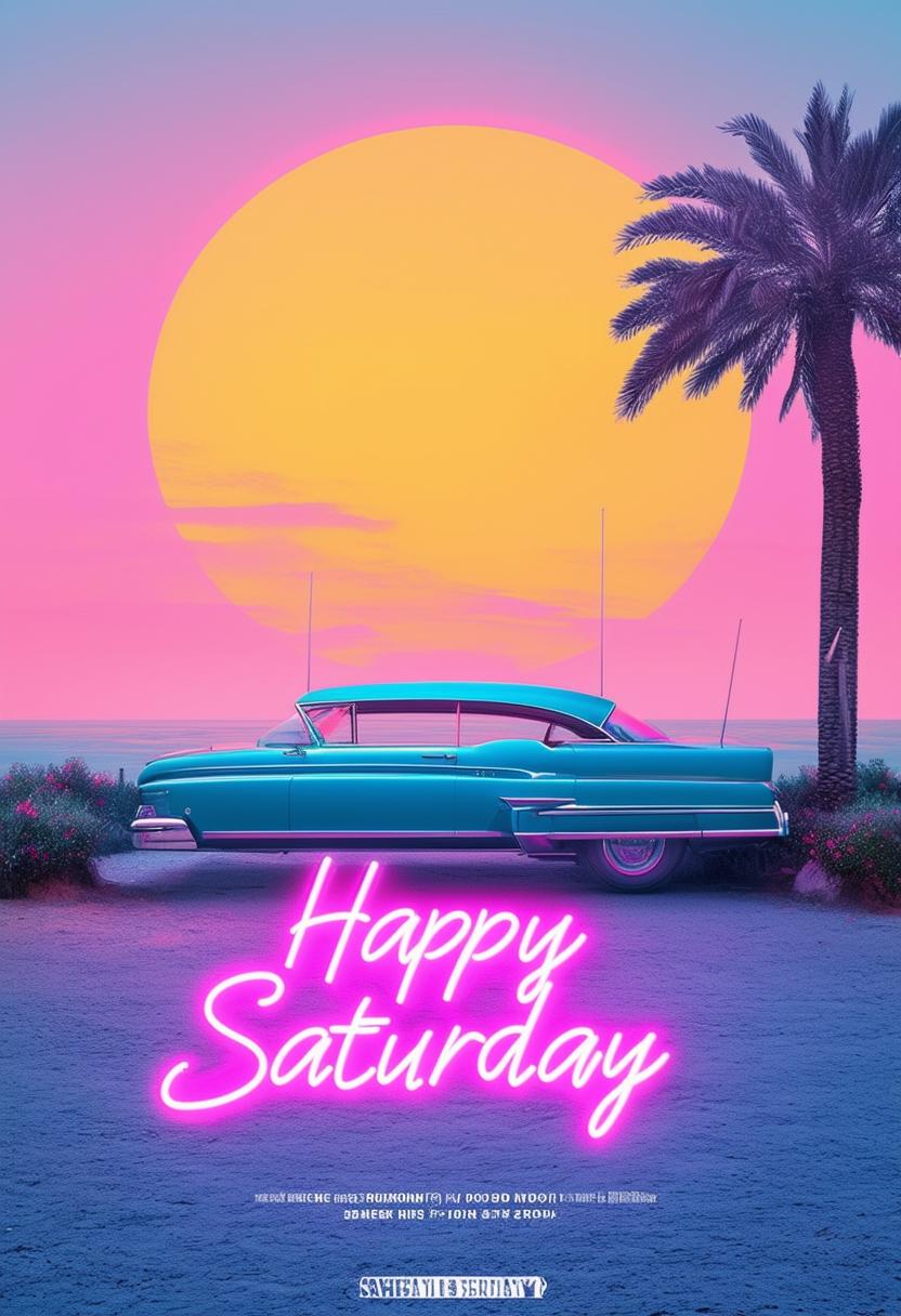 Create a book cover with neon text title 'Happy Saturday' on a pastel Wes Anderson inspired background.