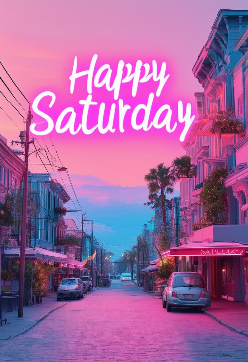 Create a simple book cover with neon text title 'Happy Saturday' on a pastel Wes Anderson inspired background.