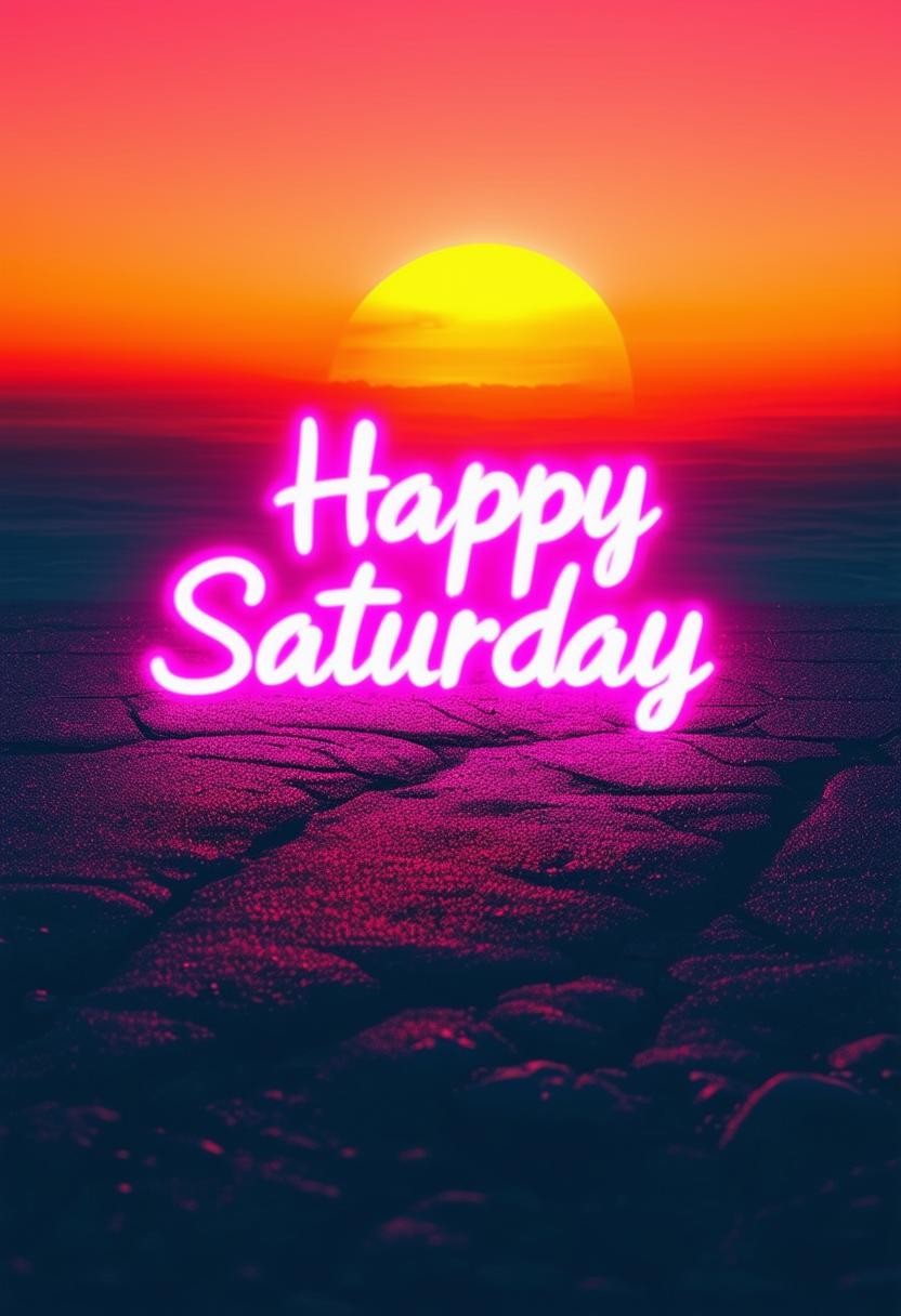 Design a book cover with neon text title 'Happy Saturday' on a high-definition sunrise background.