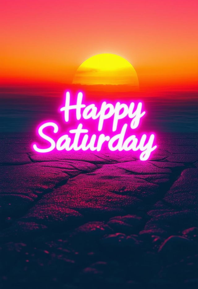 Design a book cover with neon text title 'Happy Saturday' on a high-definition sunrise background.