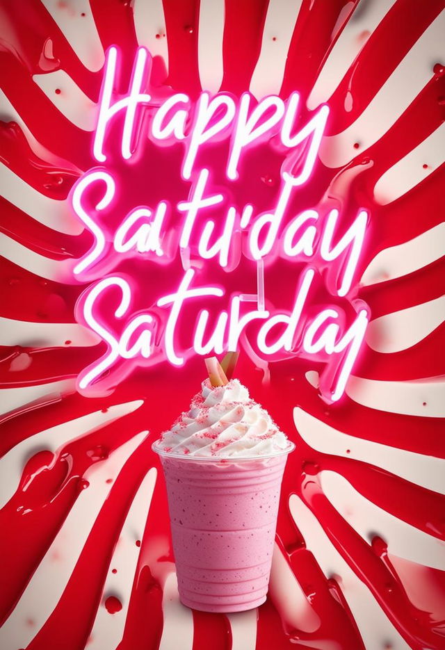 Design a book cover with neon text title 'Happy Saturday' on a red and white milkshake bar background.