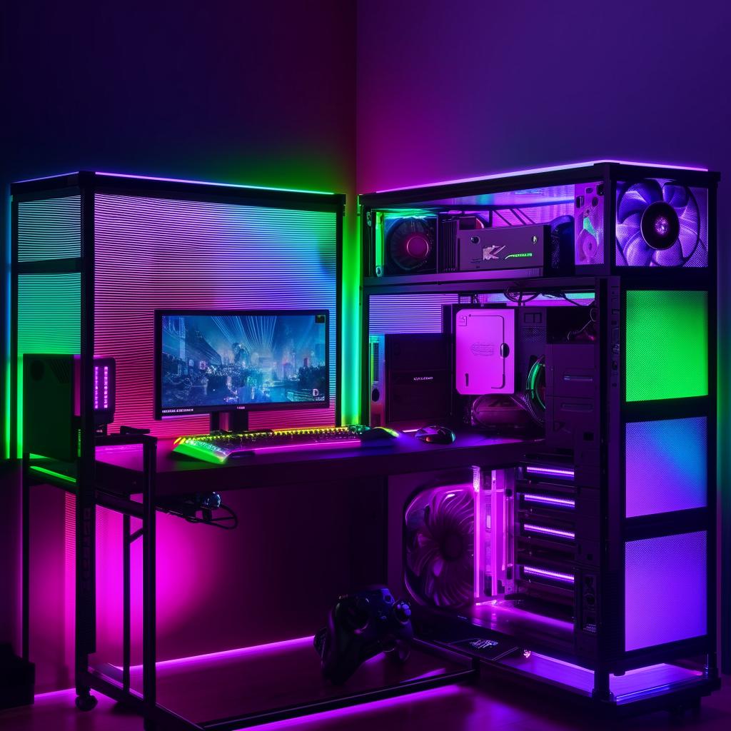 A budget-friendly gamer's room, featuring a sturdy study table, various gaming accessories, and vibrant RGB lighting.