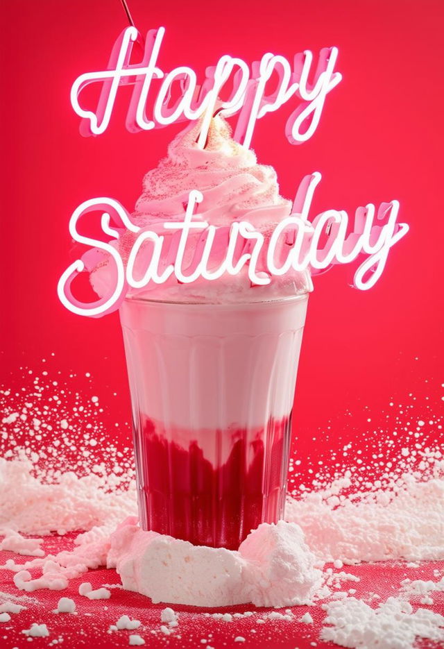 Create a book cover with neon text title 'Happy Saturday' on a red and white milkshake bar background.