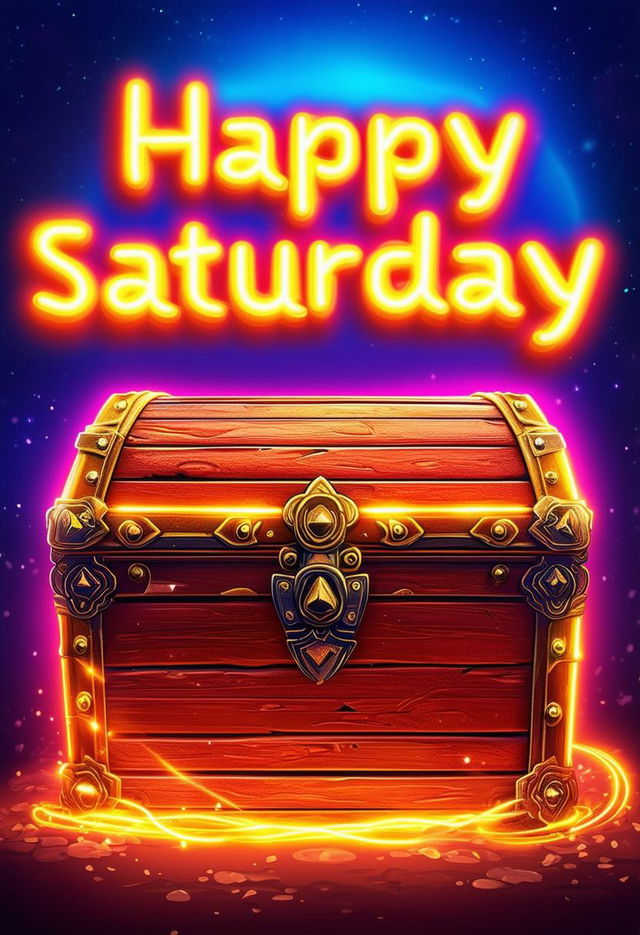 Create a book cover with neon text title 'Happy Saturday' and a treasure chest as the main visual element.