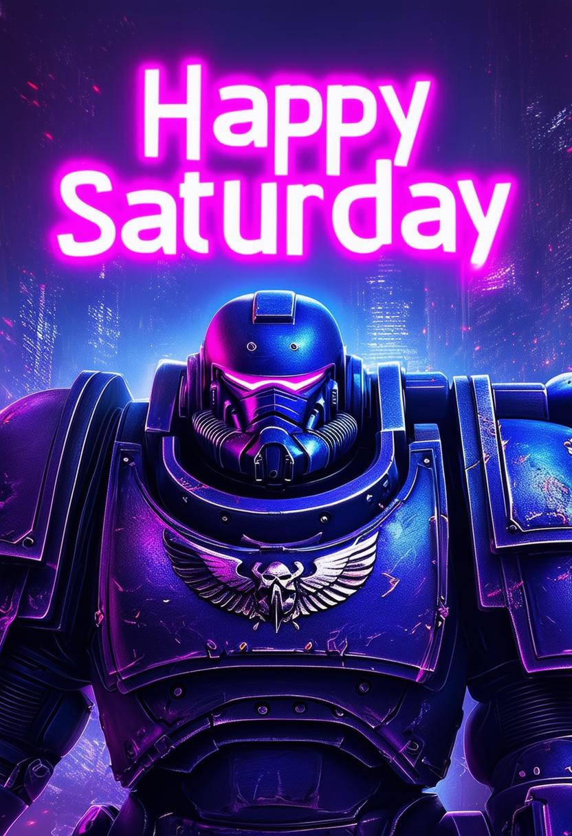 Create a book cover with neon text title 'Happy Saturday' on a Warhammer 40k inspired background.