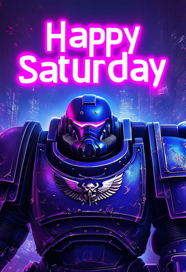 Create a book cover with neon text title 'Happy Saturday' on a Warhammer 40k inspired background.