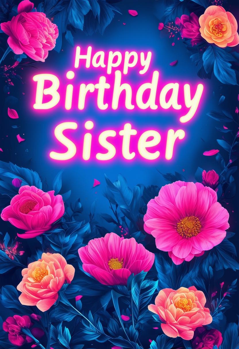 A 32k HD book cover for a book titled 'Happy Birthday Sister' with neon text and a stunning floral background.