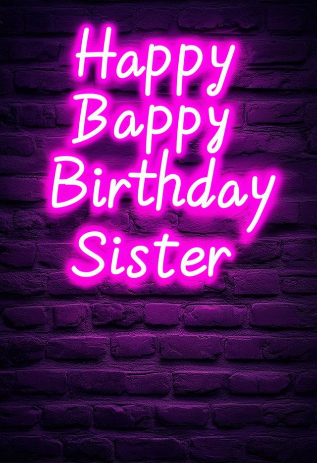 A 32k HD book cover for a book titled 'Happy Birthday Sister' with neon text, set against a dark brick wall background with a spotlight