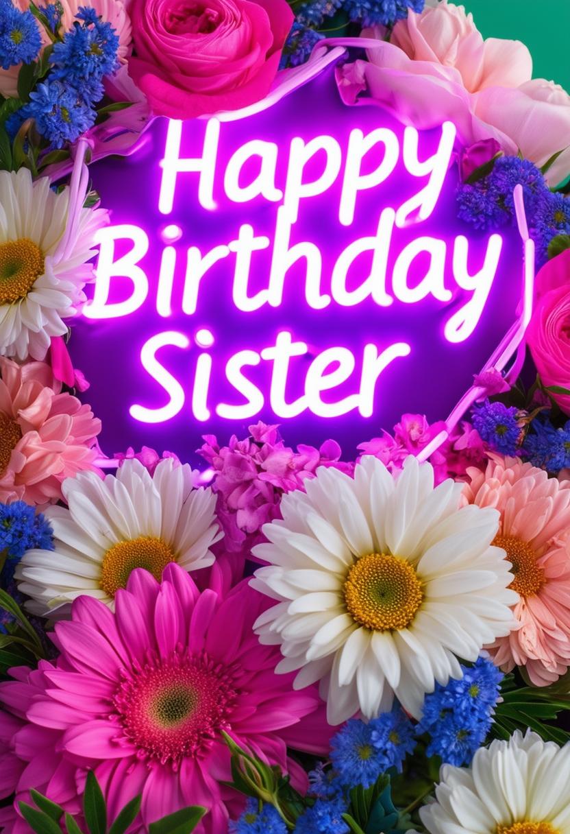 A 32k HD book cover for a book titled 'Happy Birthday Sister' with neon text, set against a background featuring a beautiful bouquet of flowers