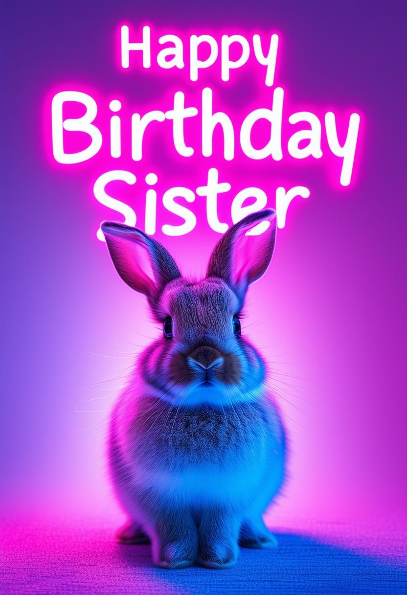 A 32k HD book cover for a book titled 'Happy Birthday Sister' with neon text, set against a background featuring an adorable bunny rabbit