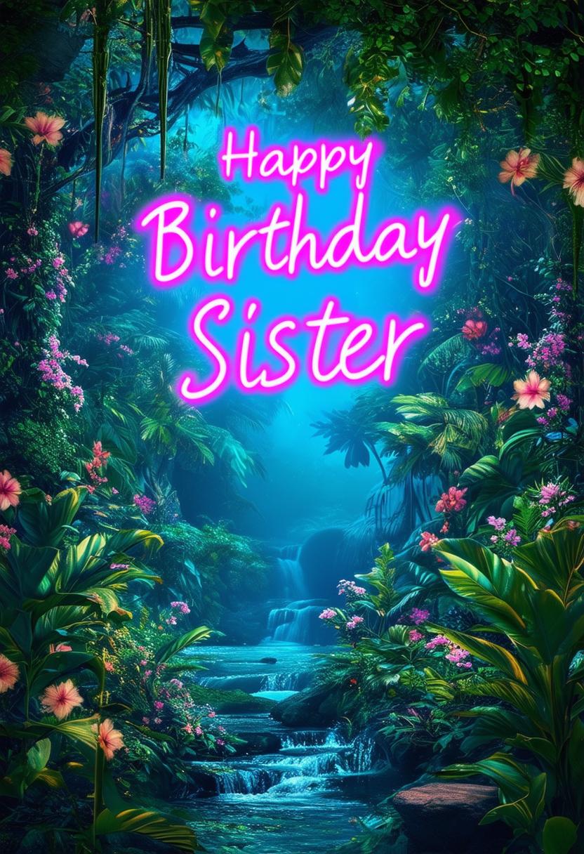 A 32k HD book cover for a book titled 'Happy Birthday Sister' with neon text, set against a background depicting the Garden of Eden