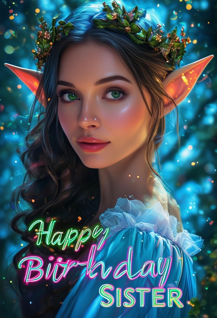 A 32k HD book cover for a book titled 'Happy Birthday Sister' with neon text, set against a background featuring a beautiful elf princess