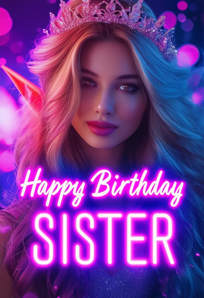 A 32k HD book cover for 'Happy Birthday Sister' featuring neon text and a photographic-style background of a beautiful elf princess