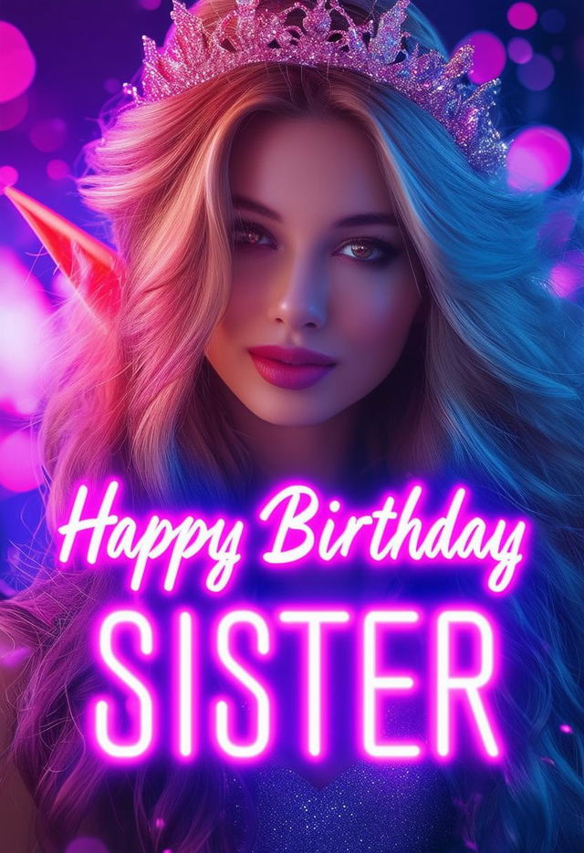 A 32k HD book cover for 'Happy Birthday Sister' featuring neon text and a photographic-style background of a beautiful elf princess