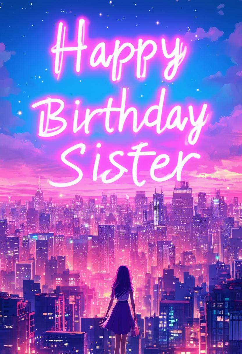 A 32k HD book cover for a book titled 'Happy Birthday Sister' with neon text, set against a background featuring a pastel anime skyline