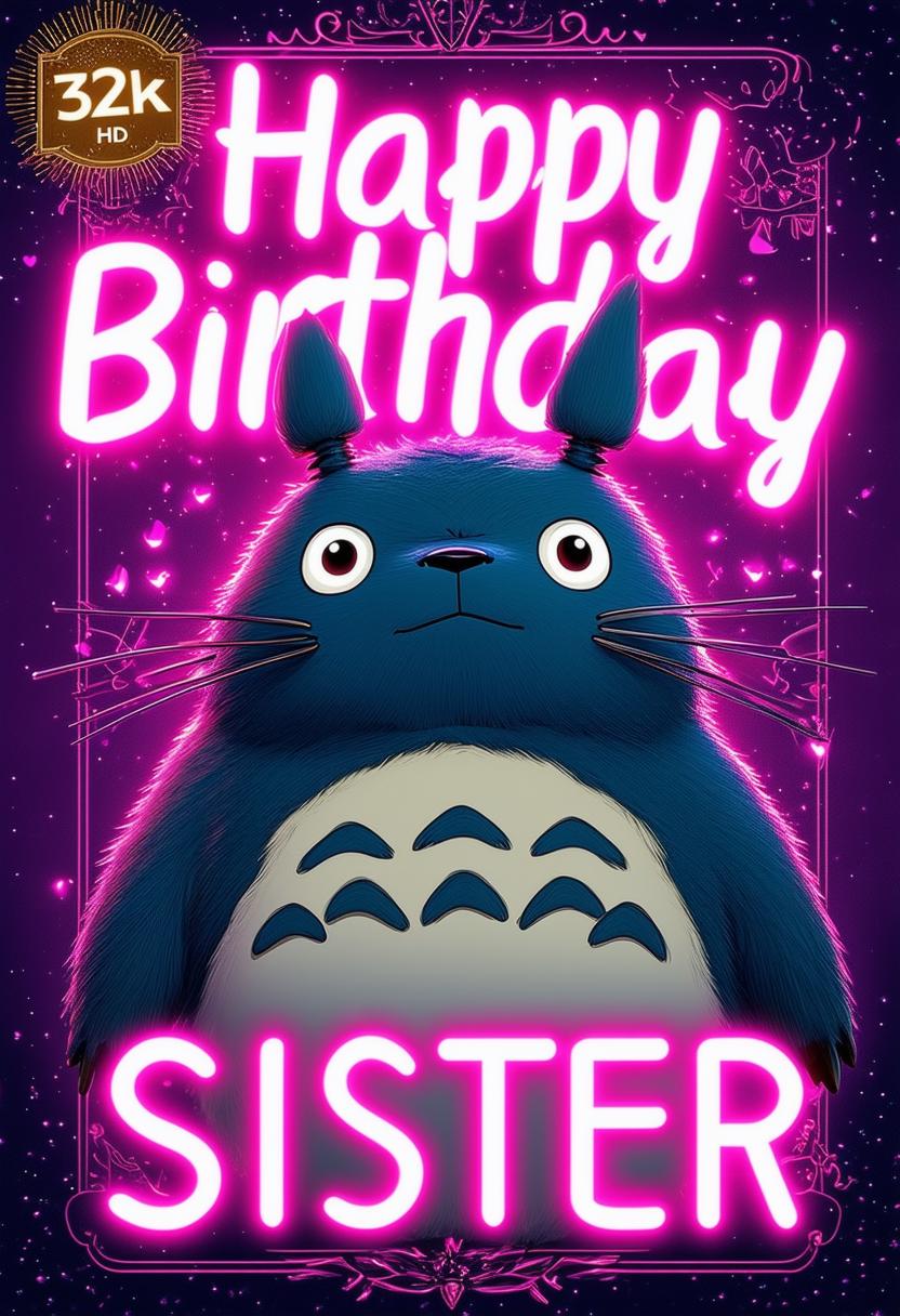 A 32k HD book cover for a book titled 'Happy Birthday Sister' with neon text, set against a background featuring the iconic Ghibli character Totoro