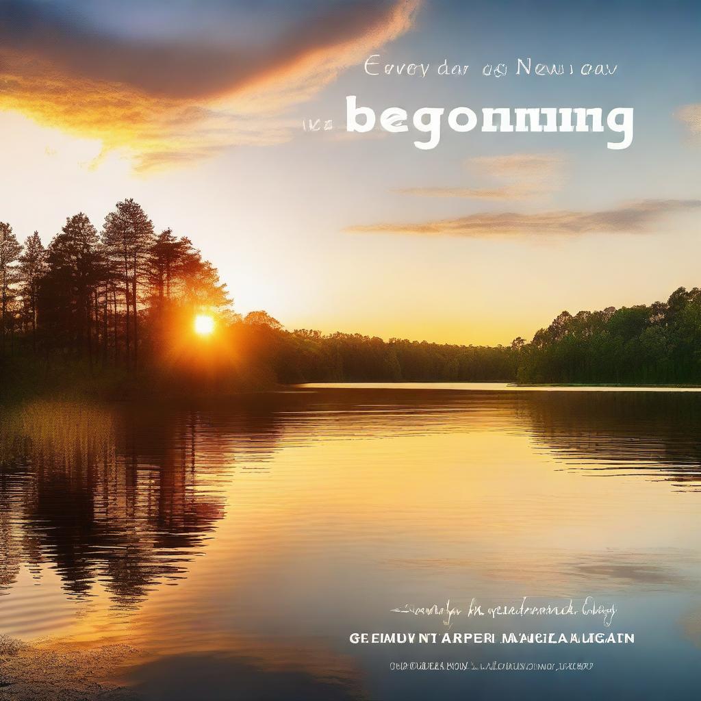 Create an inspirational image featuring a sunrise over a serene lake, with a quote saying 'Every day is a new beginning'.