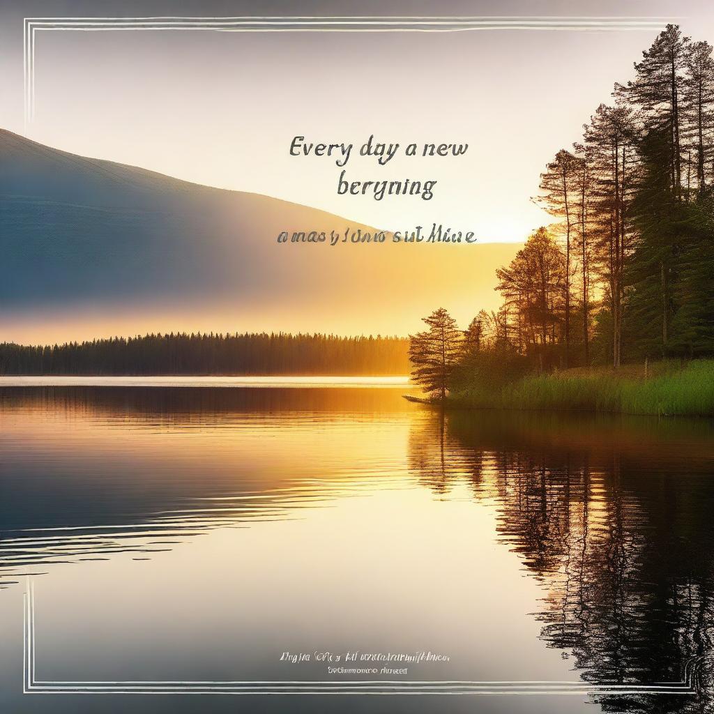 Create an inspirational image featuring a sunrise over a serene lake, with a quote saying 'Every day is a new beginning'.