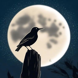 A small, delicate bird is perched on the edge of a full, glowing moon