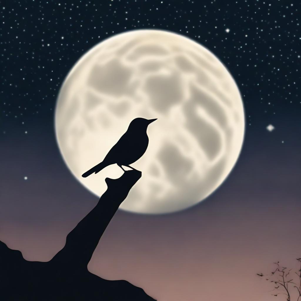 A small, delicate bird is perched on the edge of a full, glowing moon