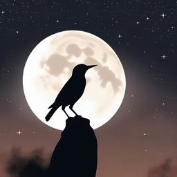 A small, delicate bird is perched on the edge of a full, glowing moon