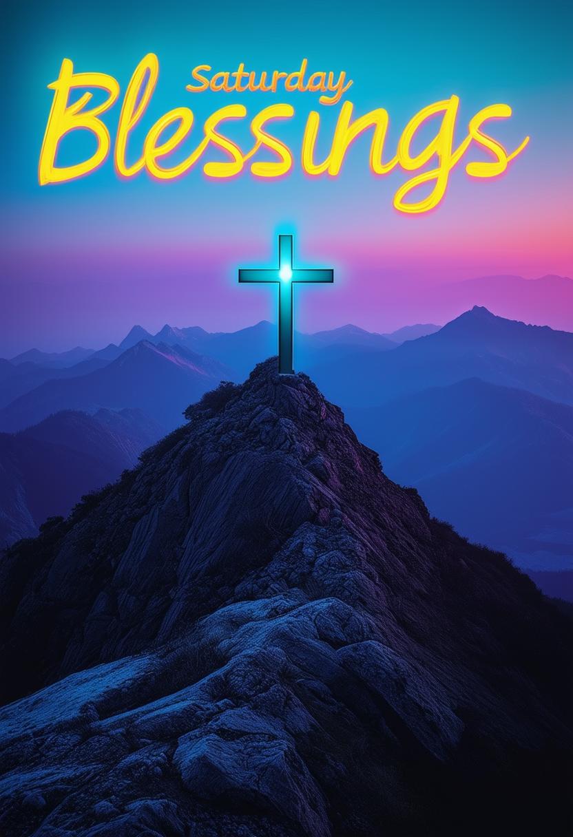 Design a 32k HD book cover for 'Saturday Blessings', featuring a simple cross on a black background with a mountain peak