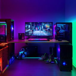 A budget-friendly gamer's room, featuring a sturdy study table, various gaming accessories, and vibrant RGB lighting.