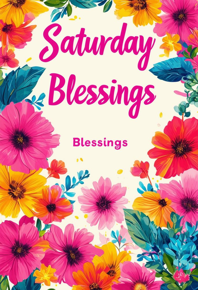 Design a 32k HD book cover for 'Saturday Blessings', featuring a vibrant floral background. The title should be in neon text.