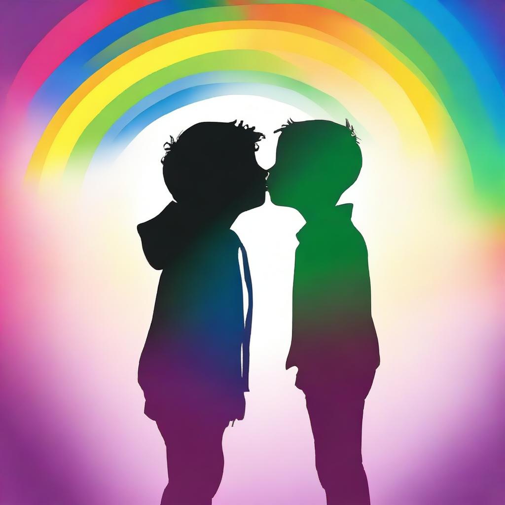 Create an image showing the silhouette of two boys kissing, with a background featuring the colors of the rainbow.