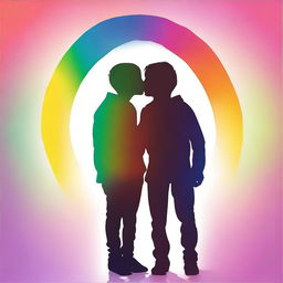 Create an image showing the silhouette of two boys kissing, with a background featuring the colors of the rainbow.