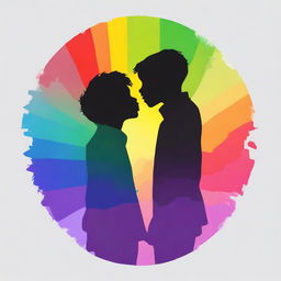 Create an image showing the silhouette of two boys kissing, with a background featuring the colors of the rainbow.