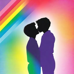 Create an image showing the silhouette of two boys kissing, with a background featuring the colors of the rainbow.