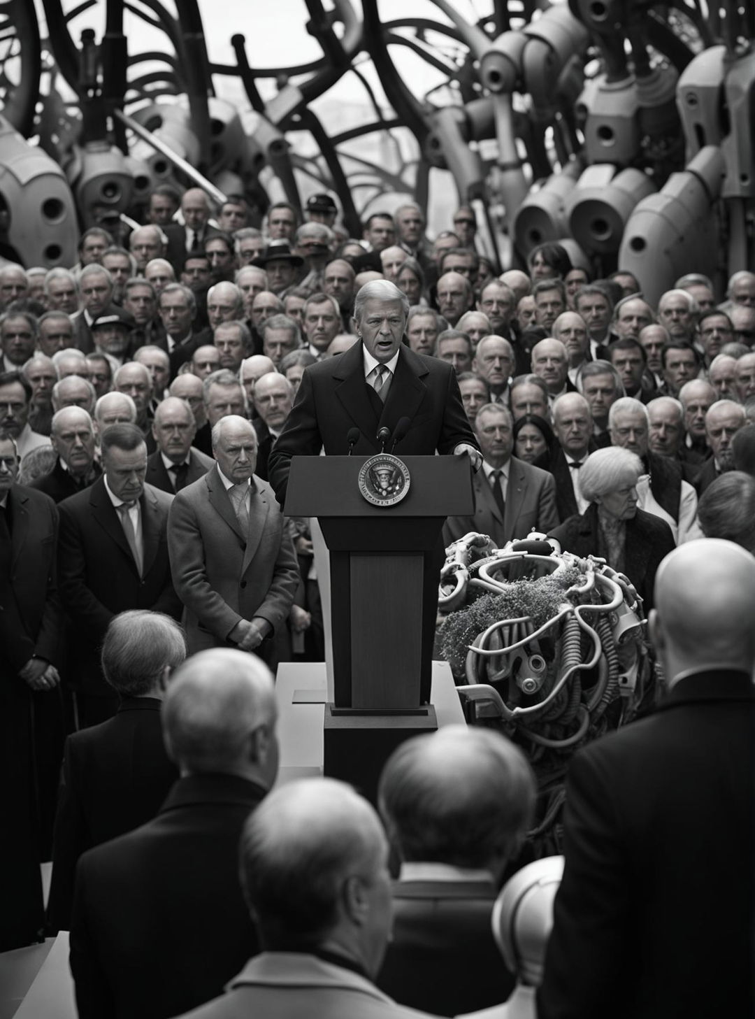 A high-definition, historic photojournalism shot of a presidential speech, incorporating elements of Cyberorganic