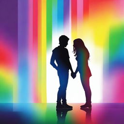 Create an image depicting the silhouette of two 16-year-old teenagers kissing and walking, with an abstract background featuring the colors of the rainbow