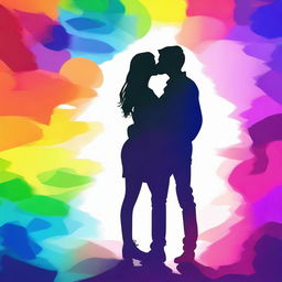 Create an image depicting the silhouette of two 16-year-old teenagers kissing and walking, with an abstract background featuring the colors of the rainbow