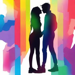 Create an image depicting the silhouette of two 16-year-old teenagers kissing and walking, with an abstract background featuring the colors of the rainbow