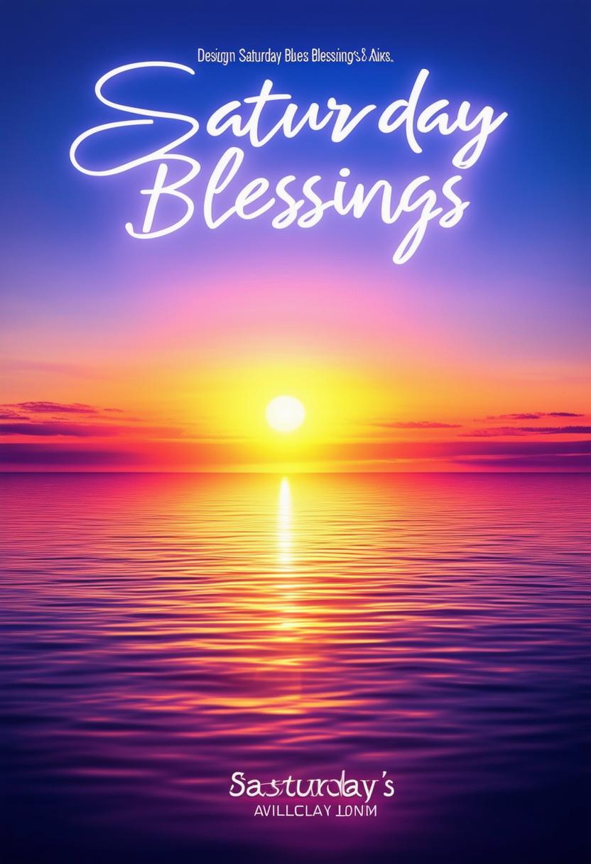 Design a 32k HD book cover for 'Saturday Blessings', featuring a beautiful sunrise. The title should be in neon text.