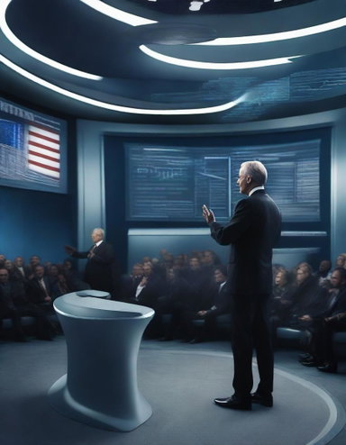 A high-definition, photojournalism shot of a presidential speech in a futuristic setting where technology and organic elements are seamlessly integrated, reflecting the Cyberorganic theme
