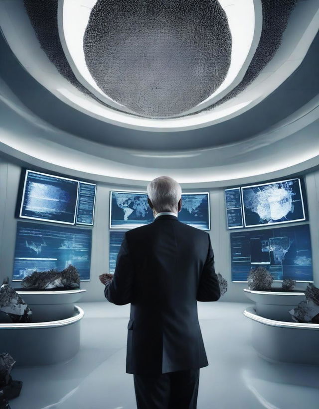 A high-definition, photojournalism shot of a presidential speech in a futuristic setting where technology and organic elements are seamlessly integrated, reflecting the Cyberorganic theme