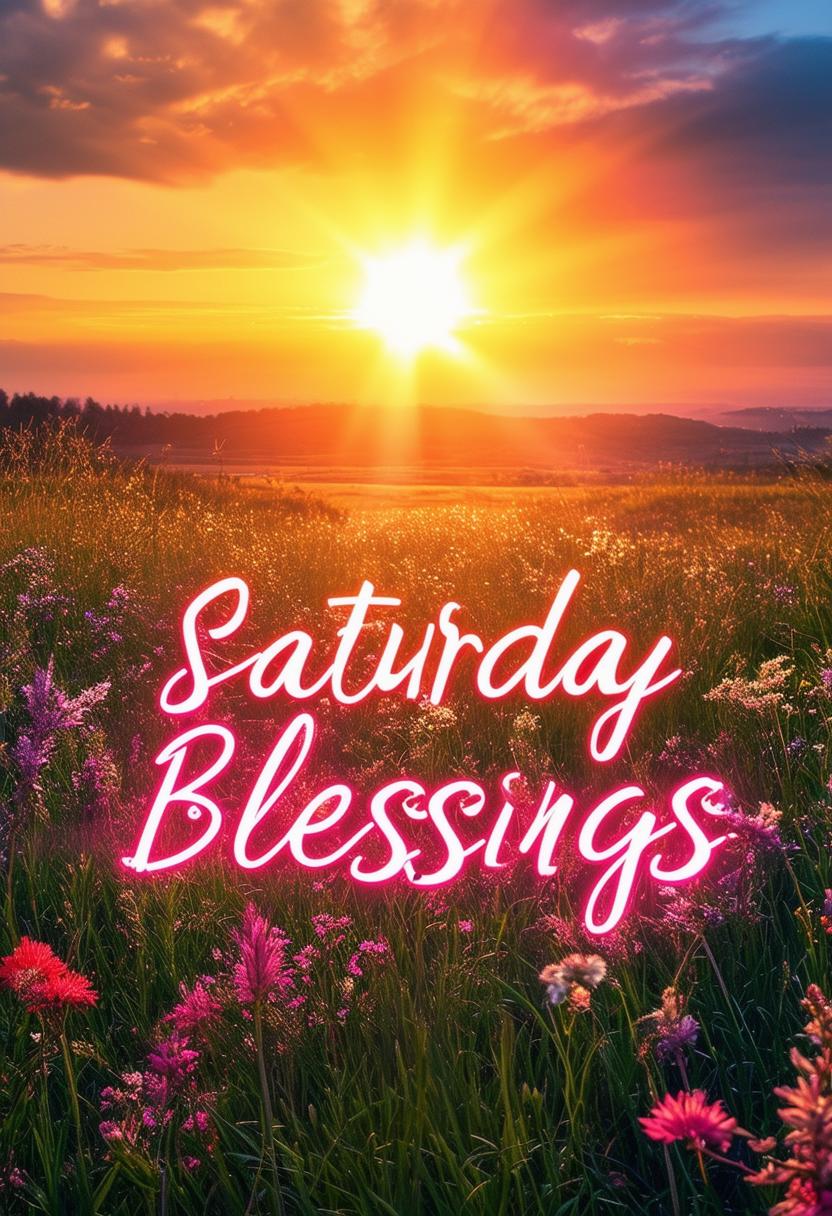 Design a 32k HD book cover for 'Saturday Blessings', featuring a beautiful sunrise. The title should be in neon text.