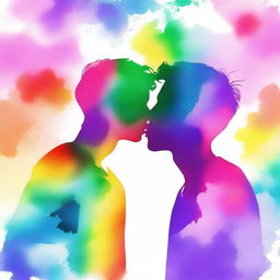 Create an image showing the silhouette of two 16-year-old male teenagers kissing, with a watercolor-style background featuring the colors of the rainbow