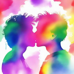 Create an image showing the silhouette of two 16-year-old male teenagers kissing, with a watercolor-style background featuring the colors of the rainbow