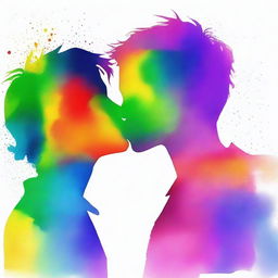 Create an image showing the silhouette of two 16-year-old male teenagers kissing, with a watercolor-style background featuring the colors of the rainbow