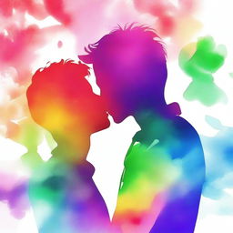 Create an image showing the silhouette of two 16-year-old male teenagers kissing, with a watercolor-style background featuring the colors of the rainbow