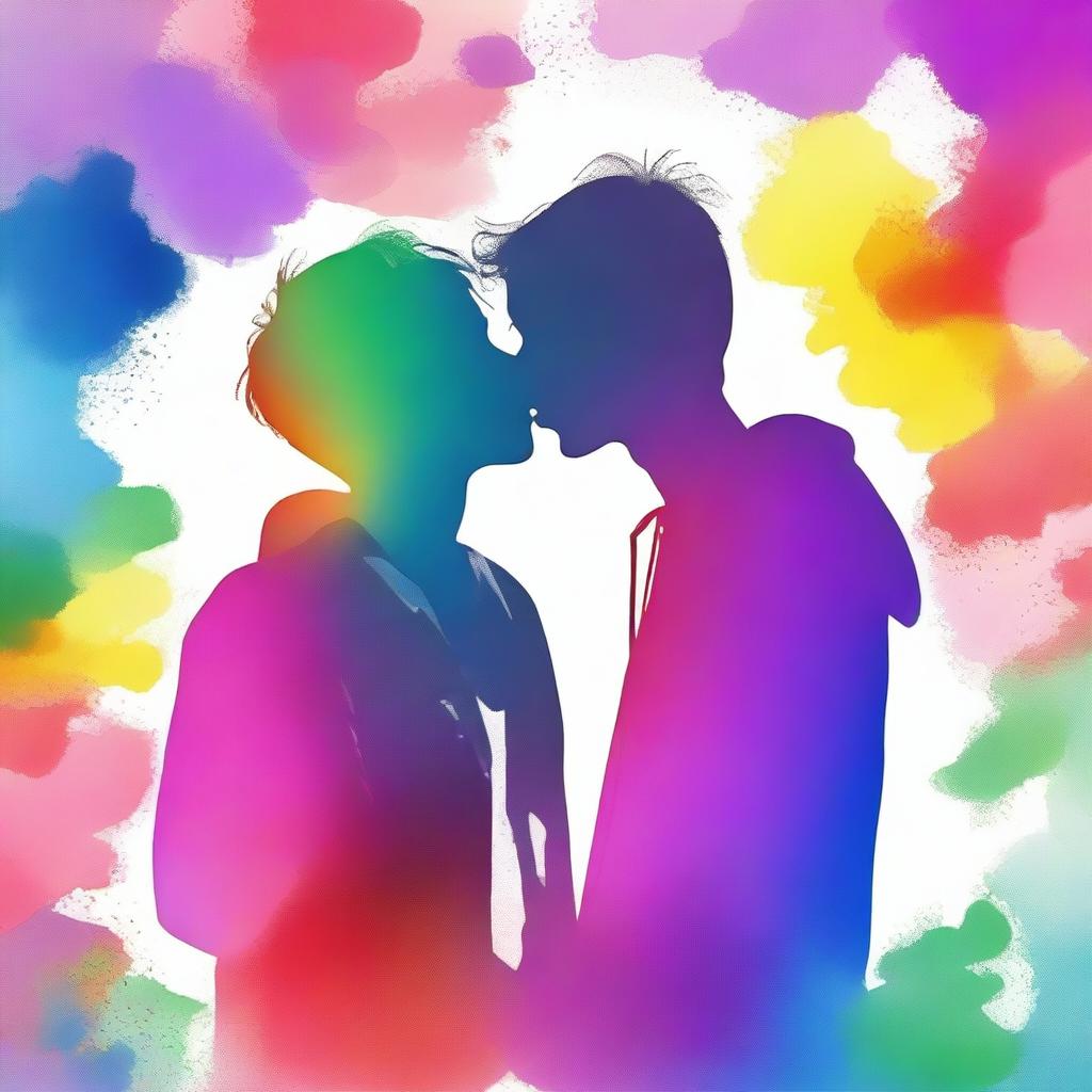 Create an image depicting the silhouette of two 16-year-old male teenagers kissing and walking, with a semi-watercolor style background featuring the colors of the rainbow