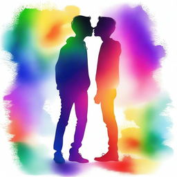 Create an image depicting the silhouette of two 16-year-old male teenagers kissing and walking, with a semi-watercolor style background featuring the colors of the rainbow