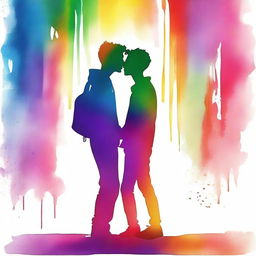 Create an image depicting the silhouette of two 16-year-old male teenagers kissing and walking, with a semi-watercolor style background featuring the colors of the rainbow